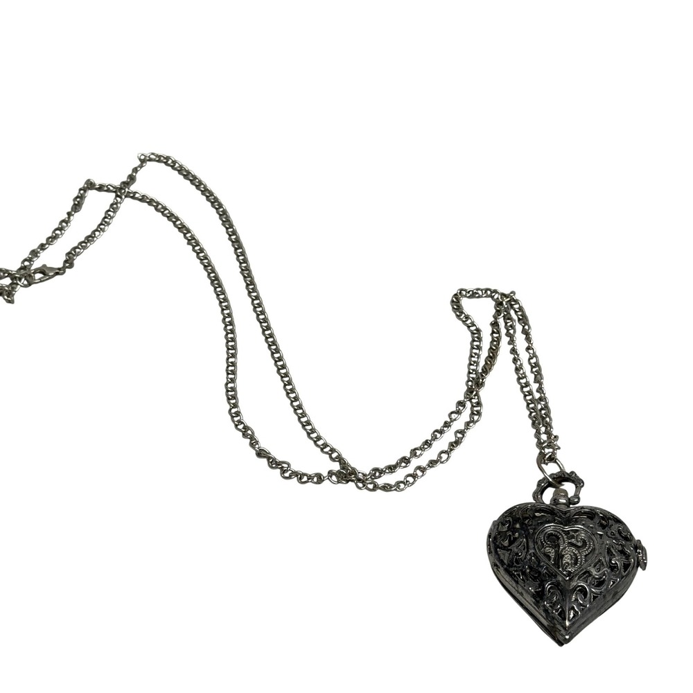 Heart Pocket Watch Womens Silver Tone Quartz‎ Necklace Chain Pendant Hunter Case